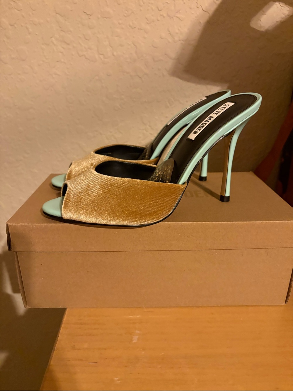 Steve Madden Gold Velvet and Mint Open-Toe Heels